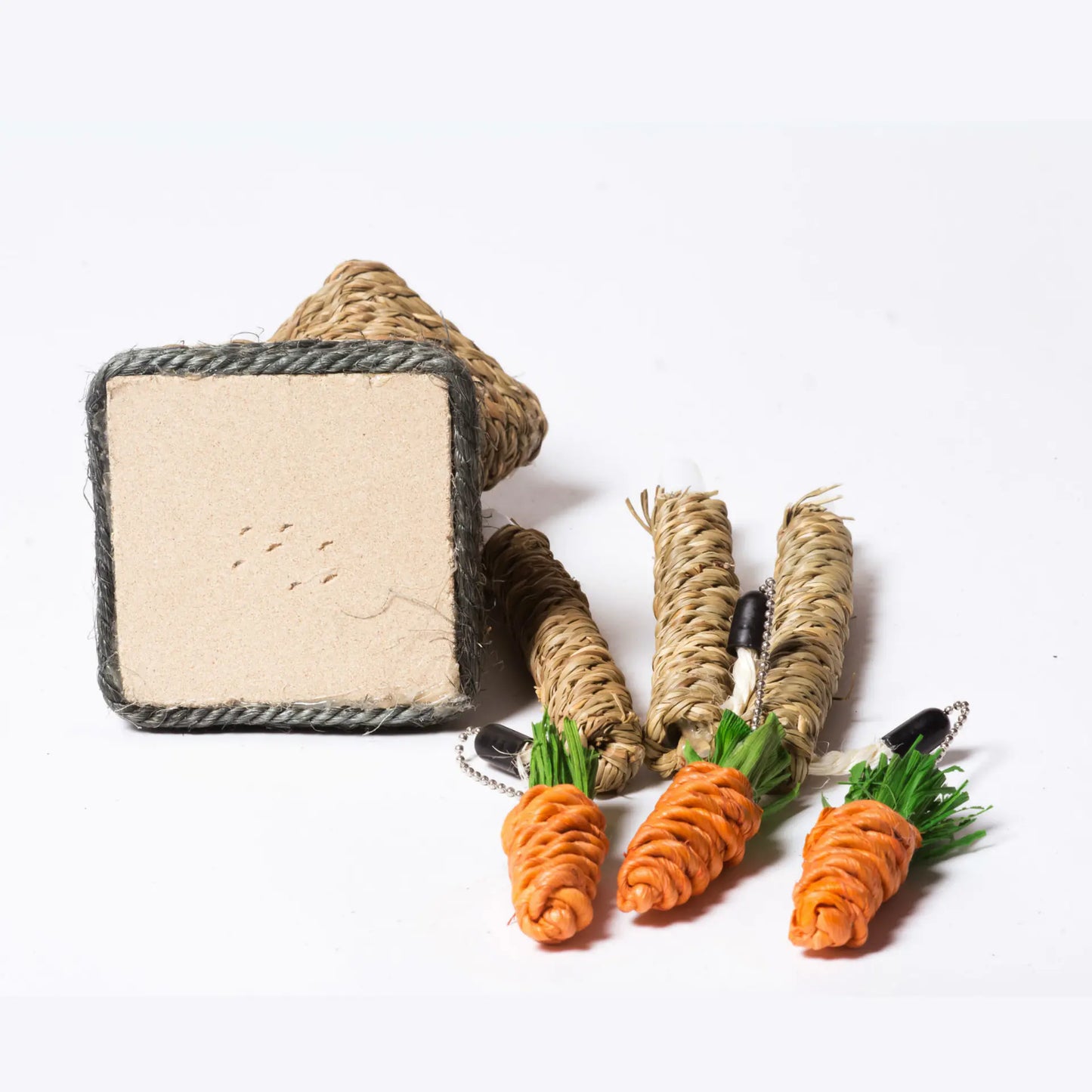 Catnip toy set with a cushioned house-shaped base and carrot-shaped cat toys on a white background