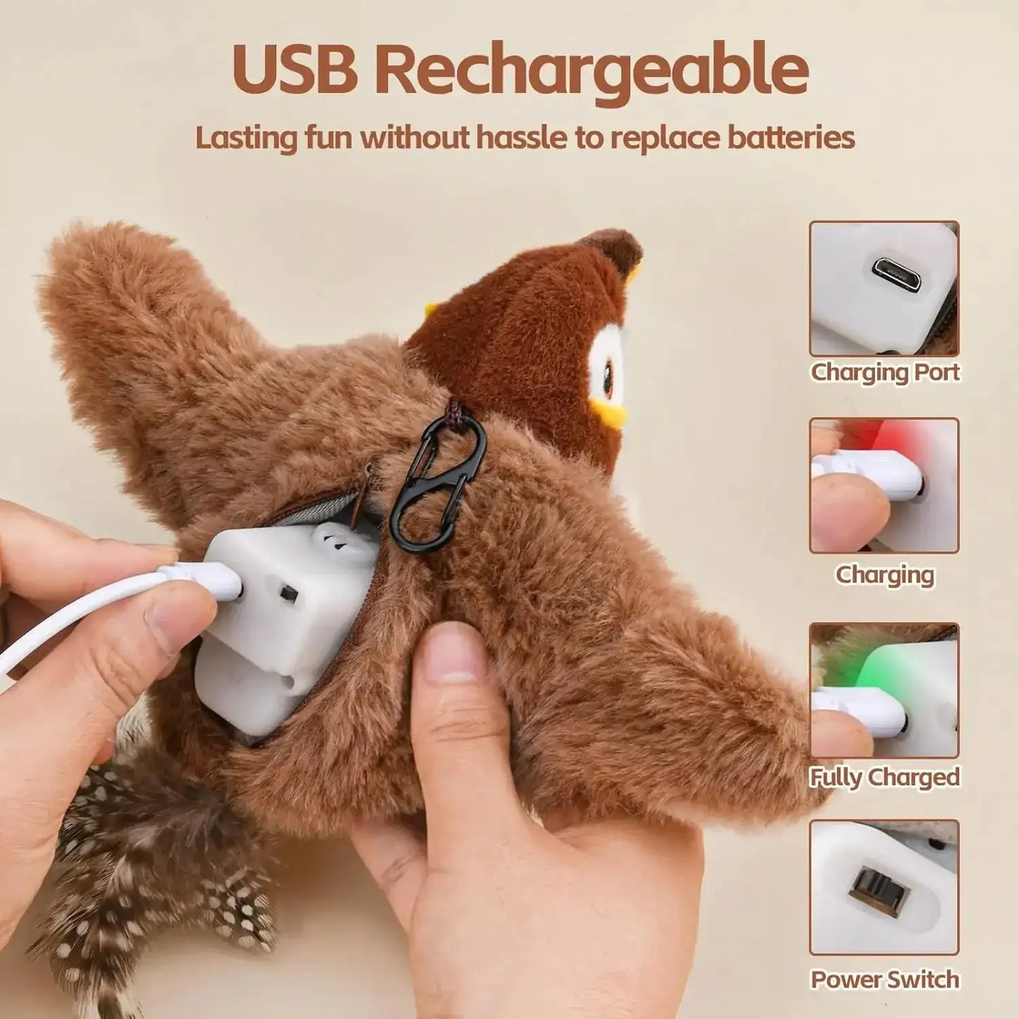 USB rechargeable toy with charging port and power switch illustration on a beige background