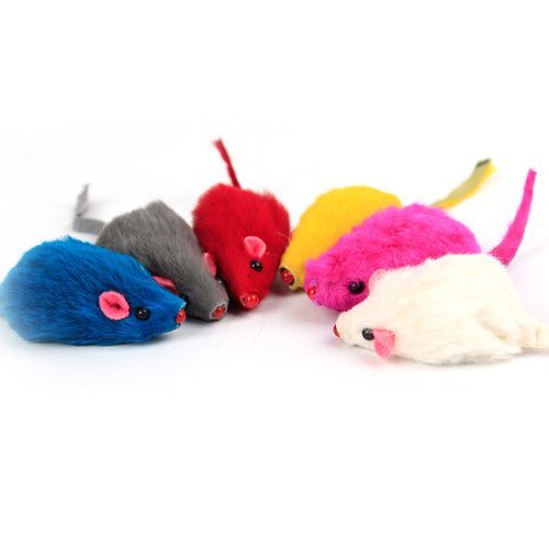 Colorful mouse-shaped cat toys on a white background