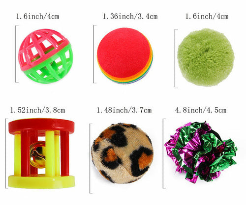 Assorted colorful pet toys with measurements on a white background