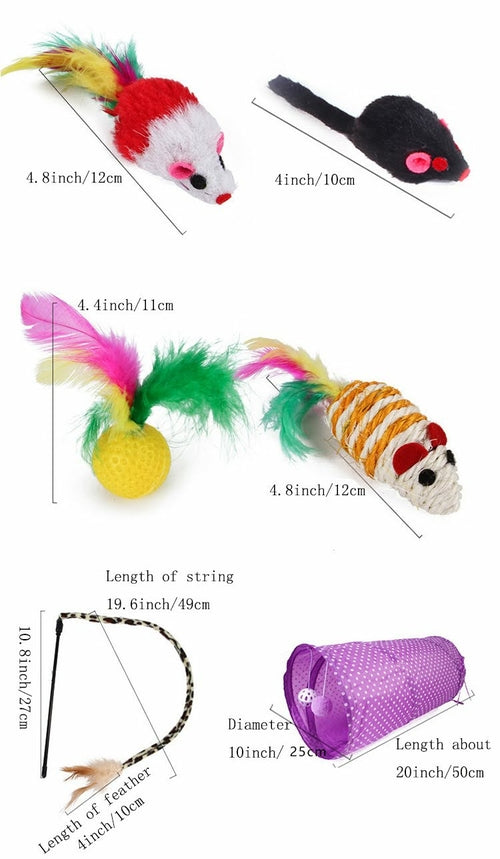 Set of cat toys with measurements displayed