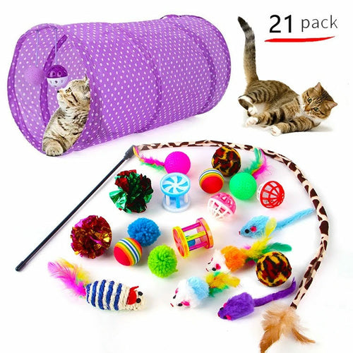 Cat toy set with purple tunnel and various toys on a white background