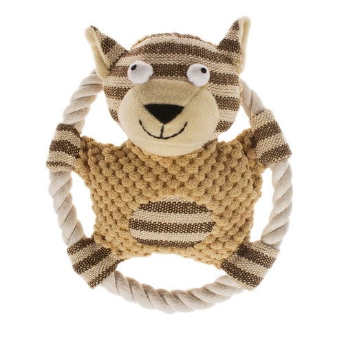 Plush toy shaped like a raccoon with a rope, on a white background