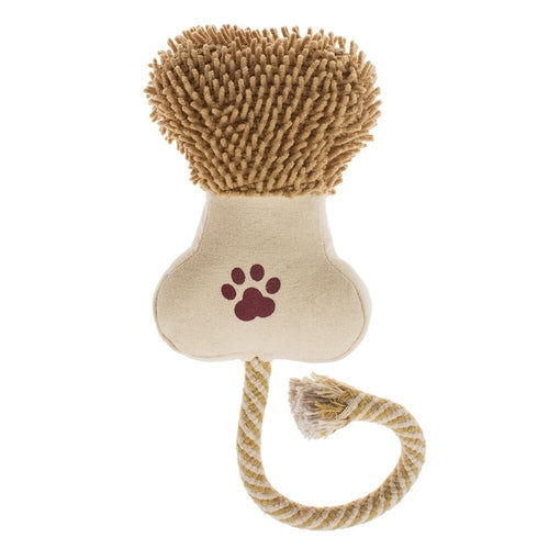 Dog toy with bristle top and rope tail on a white background