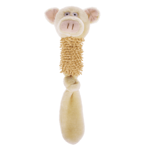 Plush toy shaped like a pig with a textured handle on a white background