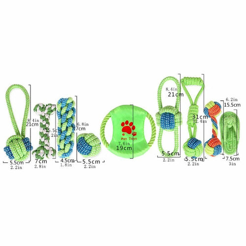 Set of dog toys with measurements on a white background
