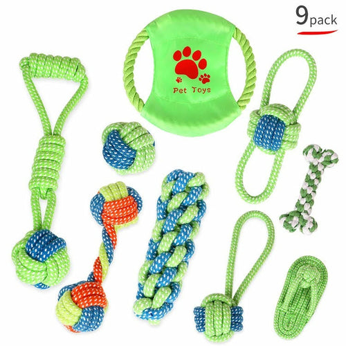 Assorted dog toys including ropes and balls on a white background with 'Pet Toys' branding.
