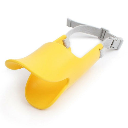 Yellow pet muzzle with gray strap on a white background