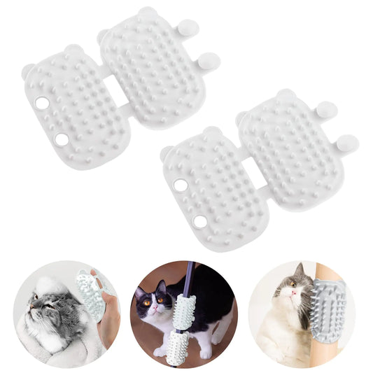 Set of white cat grooming mitts with images of cats using them on a white background.