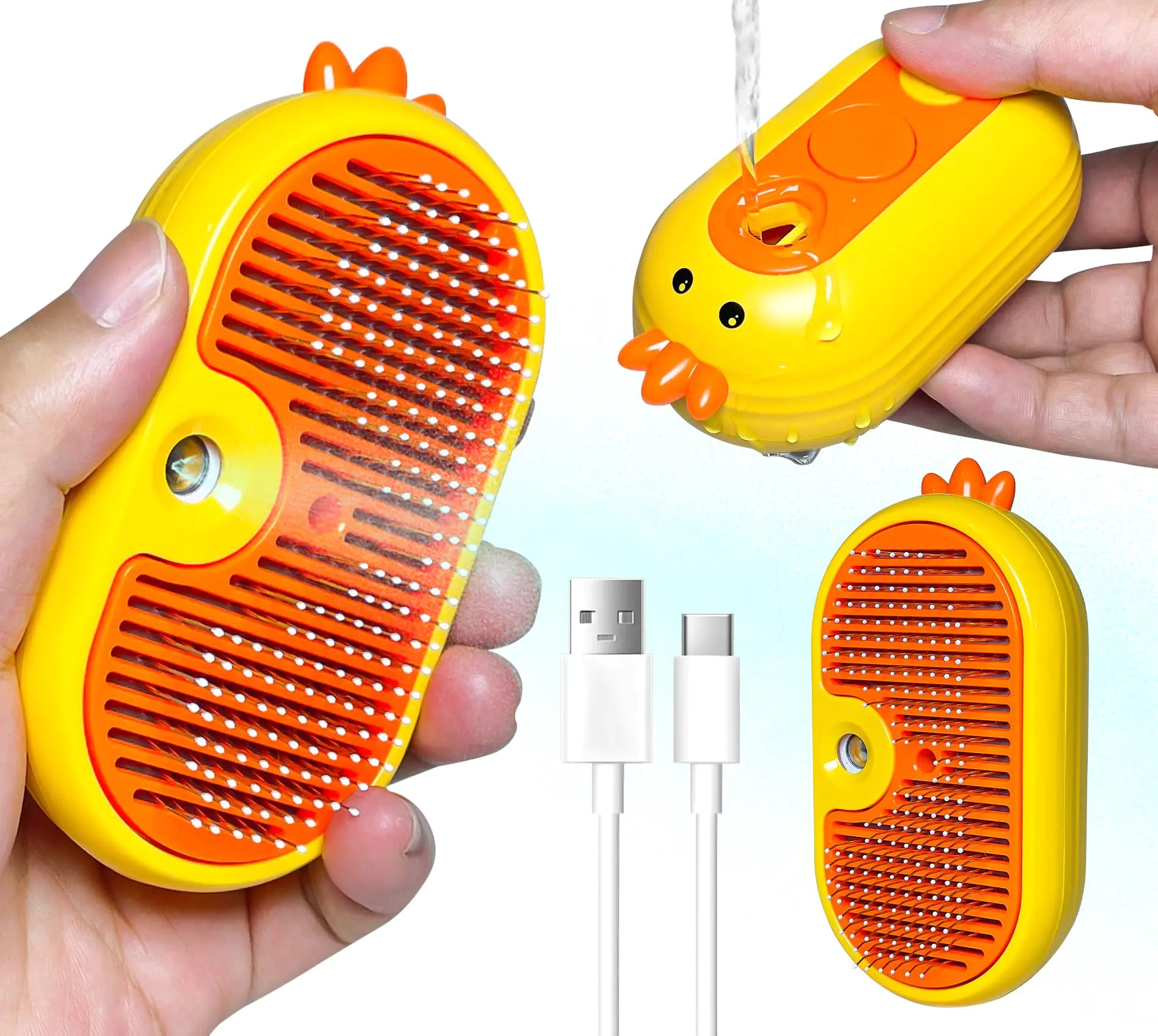 Yellow and orange electronic device resembling a chicken, held by a hand with USB cables displayed below.