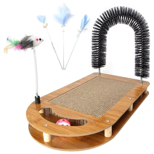 Wooden cat toy with scratching surface, feather toys, and brush on a white background