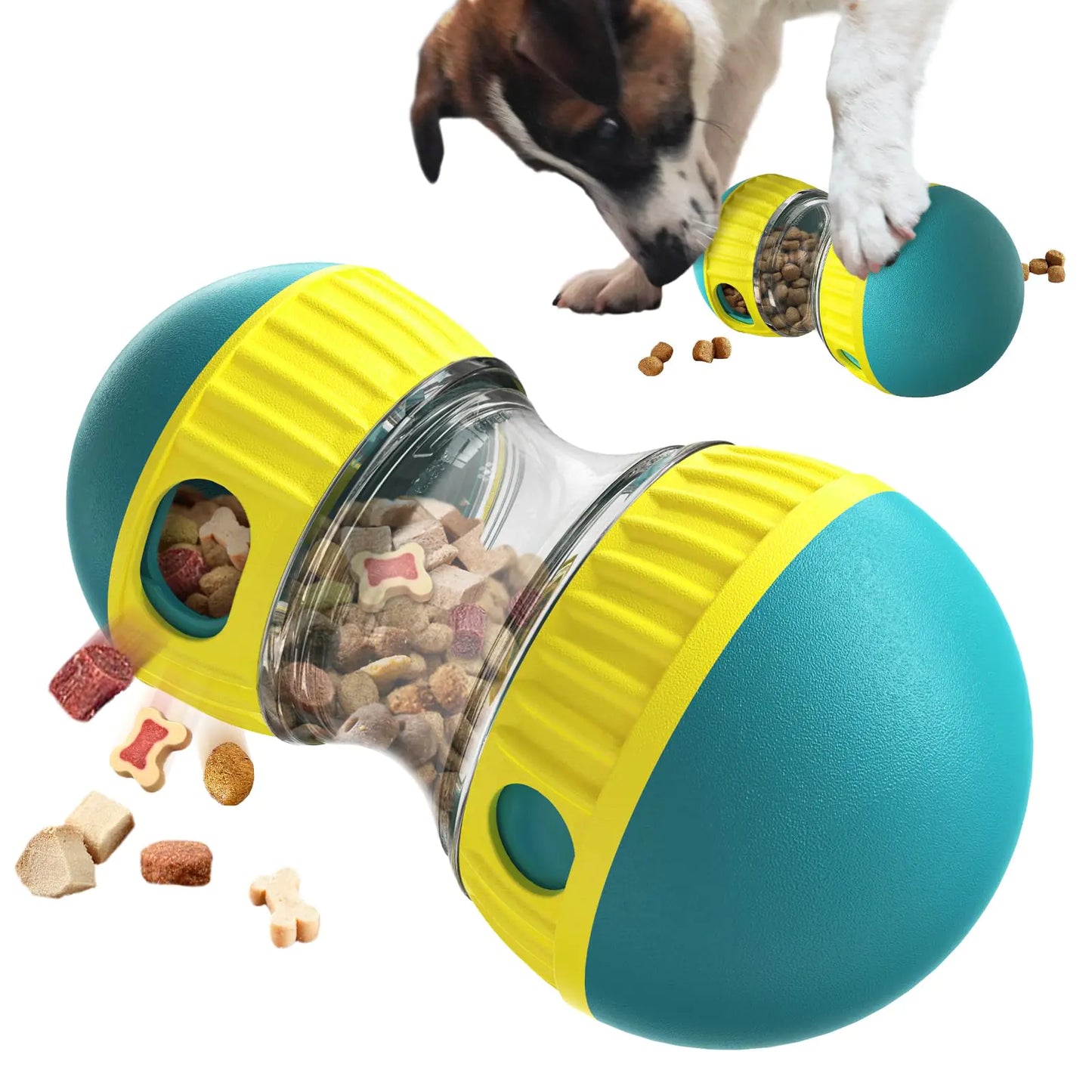 Pet toy with food dispenser and a dog interacting with it on a white background