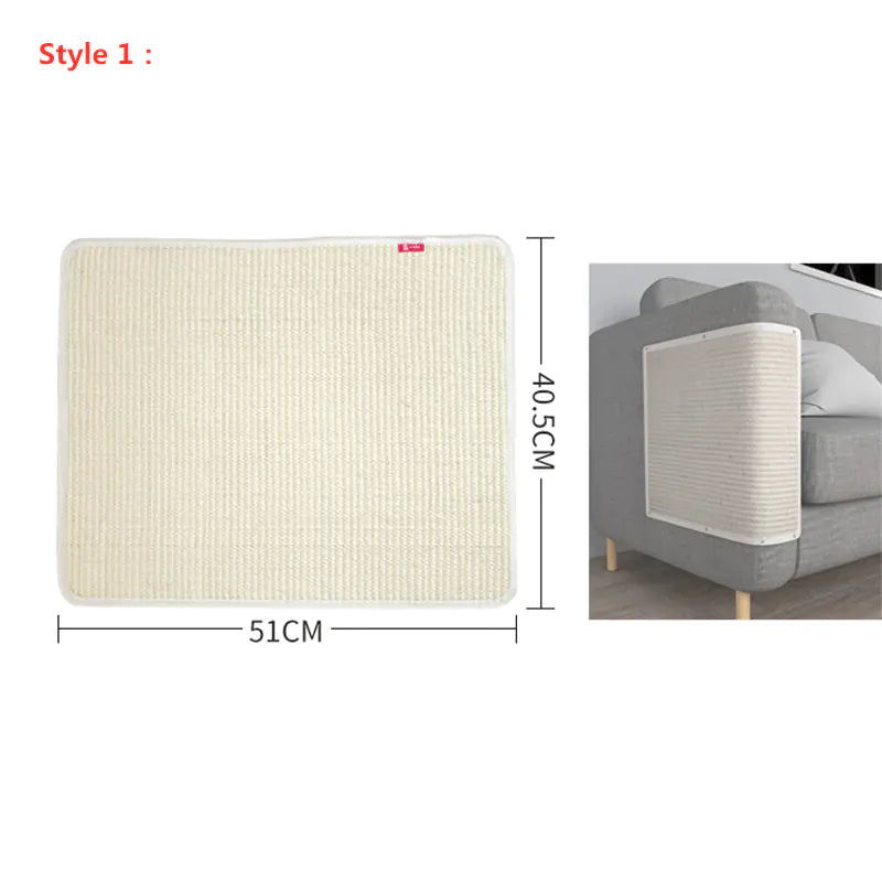 Beige textured mat with dimensions and a sofa in the background
