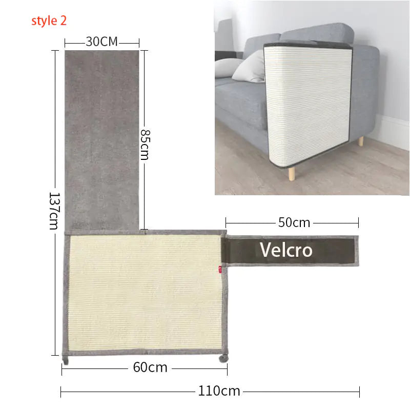Measurement chart for a furniture protector with dimensions and a photo of its application on a sofa.