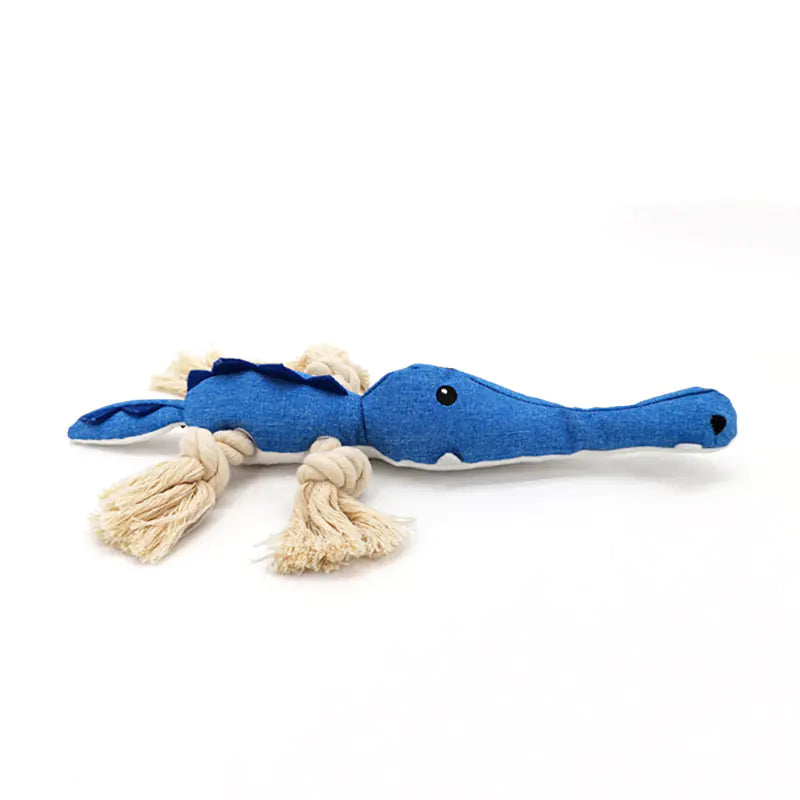 Blue and white toy with a rope on a white background