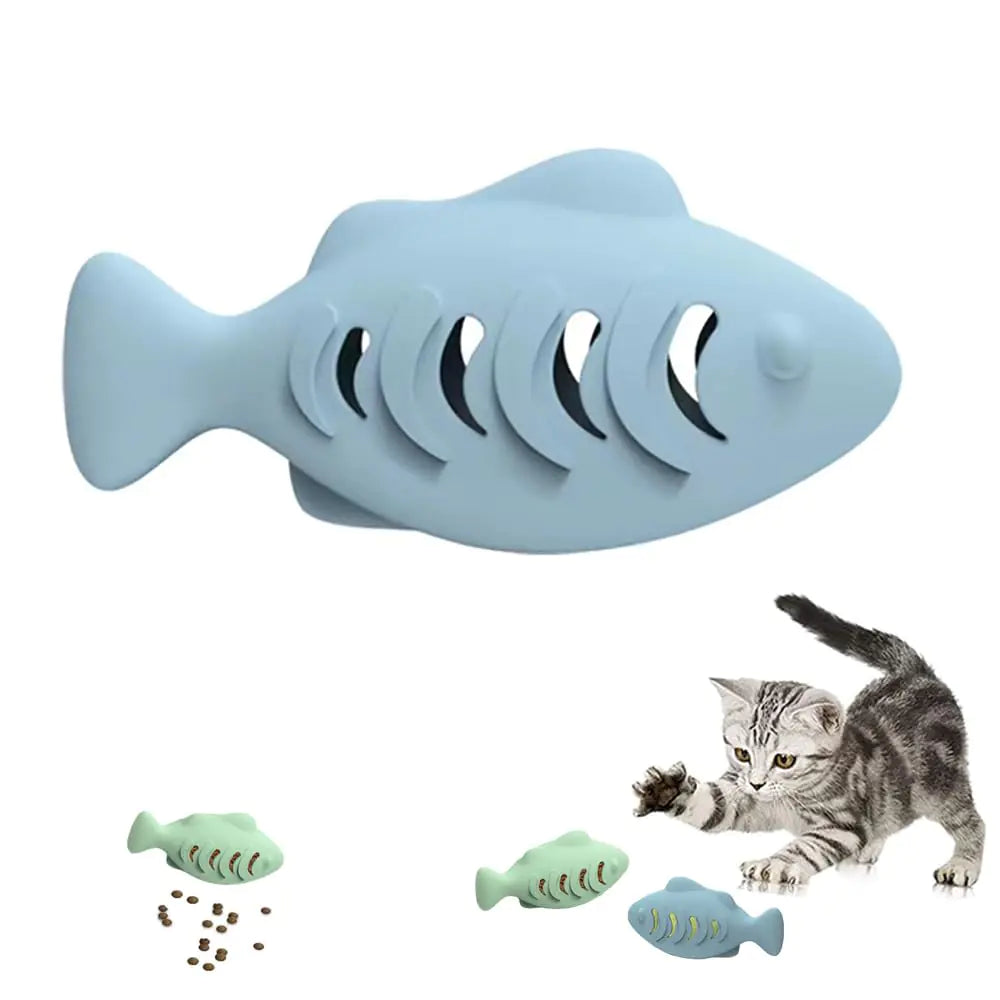 Blue fish-shaped cat toy with a cat playing with it on a white background