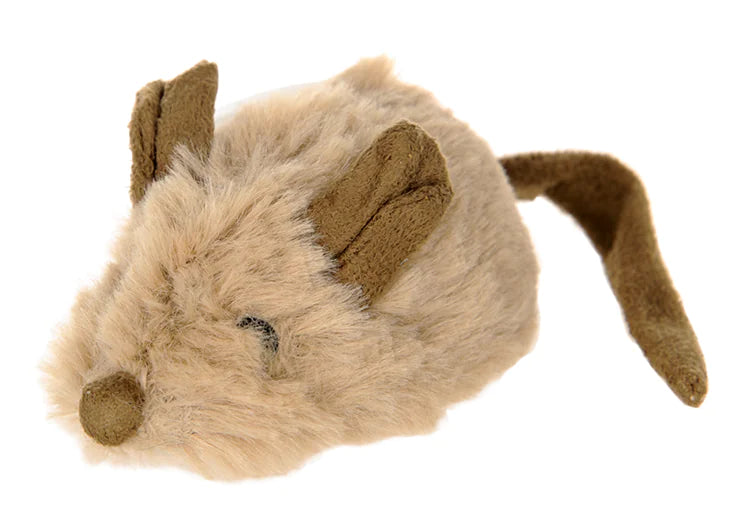 Plush toy mouse with brown ears and tail on a white background
