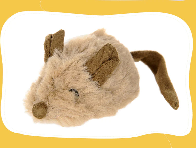 Plush toy mouse with brown ears and tail on a white background