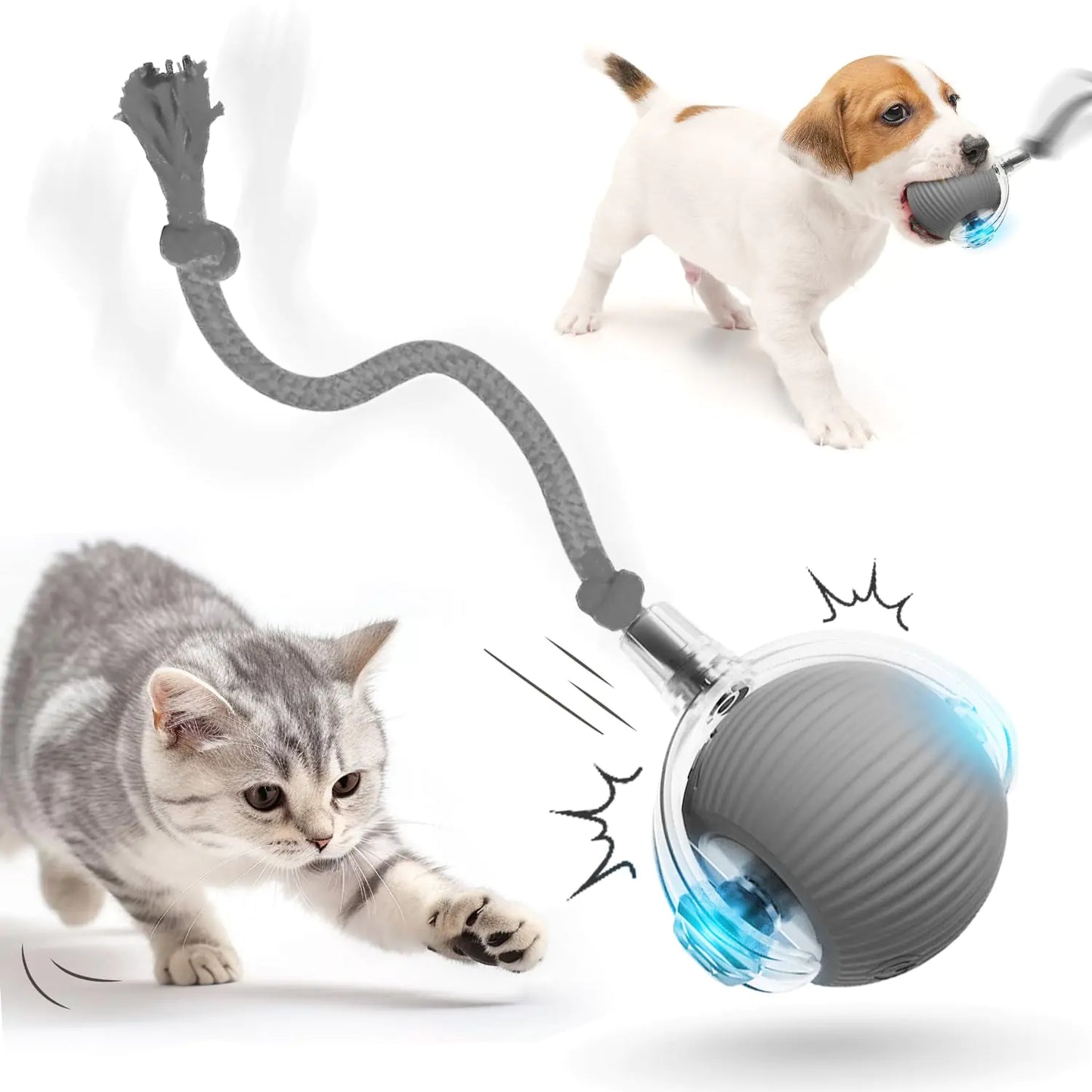 Pet toy with a cat and dog interacting with it on a white background