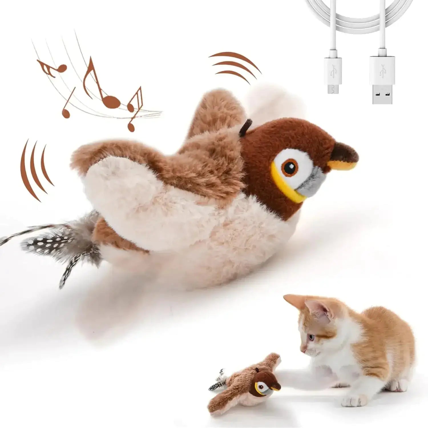 Plush bird toy with USB cable and a cat playing with it on a white background