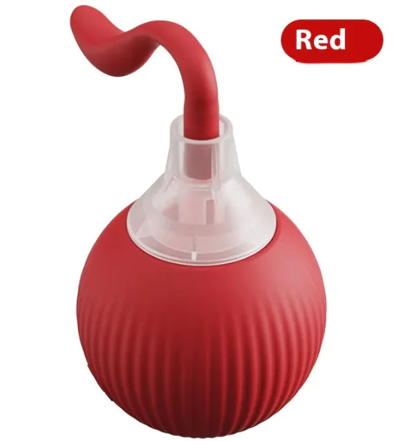 Red ball with a curved straw on a white background