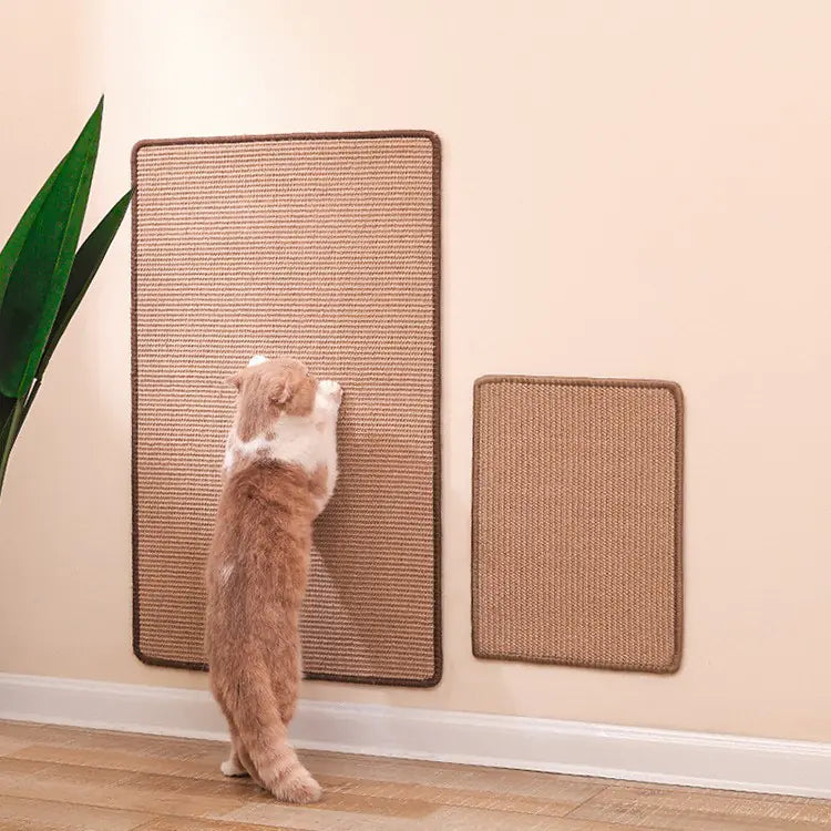 Cat interacting with a wall-mounted sisal mat on a beige wall.