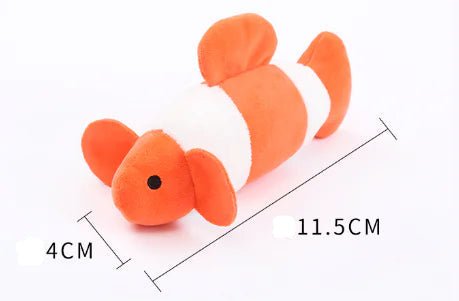 Plush toy clownfish with measurements on a white background