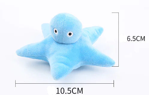 Blue plush starfish toy with measurements on a white background