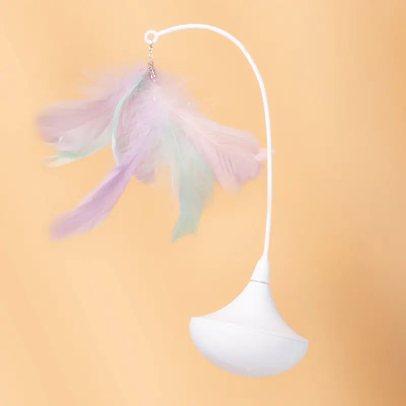 White feather duster with pastel-colored feathers on a peach background
