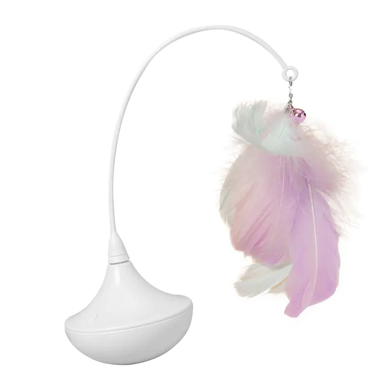 White electronic device with colorful feather attachment on a white background