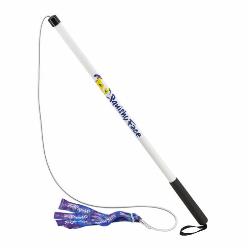 White cane with purple handle and strap on a white background