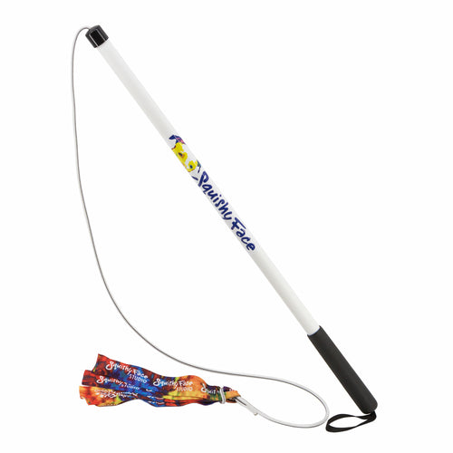 White dog training paddle with colorful handle and strap on a white background
