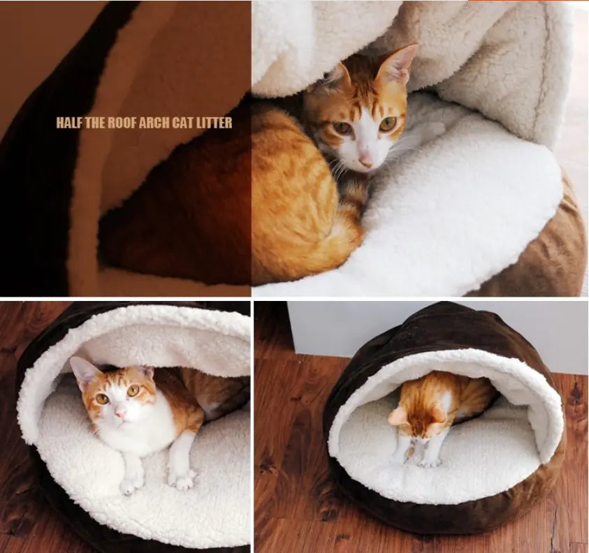 Collage of a cat in a cozy pet bed with text 'Half the Roof Arch Cat Litter'.