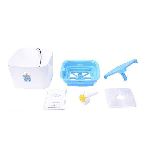 Set of pet grooming tools including a white bowl, blue basin, and other accessories on a white background.