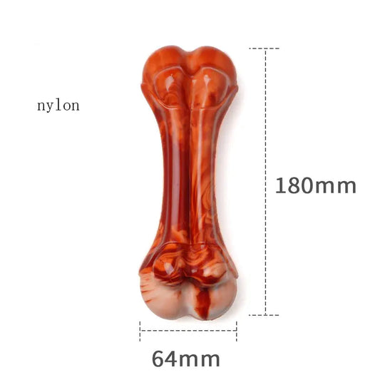 Dog chew toy shaped like a bone with dimensions on a white background