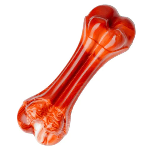 Dog toy shaped like a bone with a red-brown color on a white background